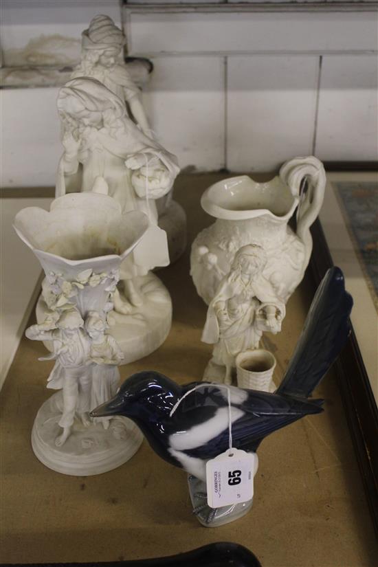 Two Parian figures, Little Red Riding Hood & Shepherdess, 3 other Parian ware items (a.f) & a Copenhagen magpie